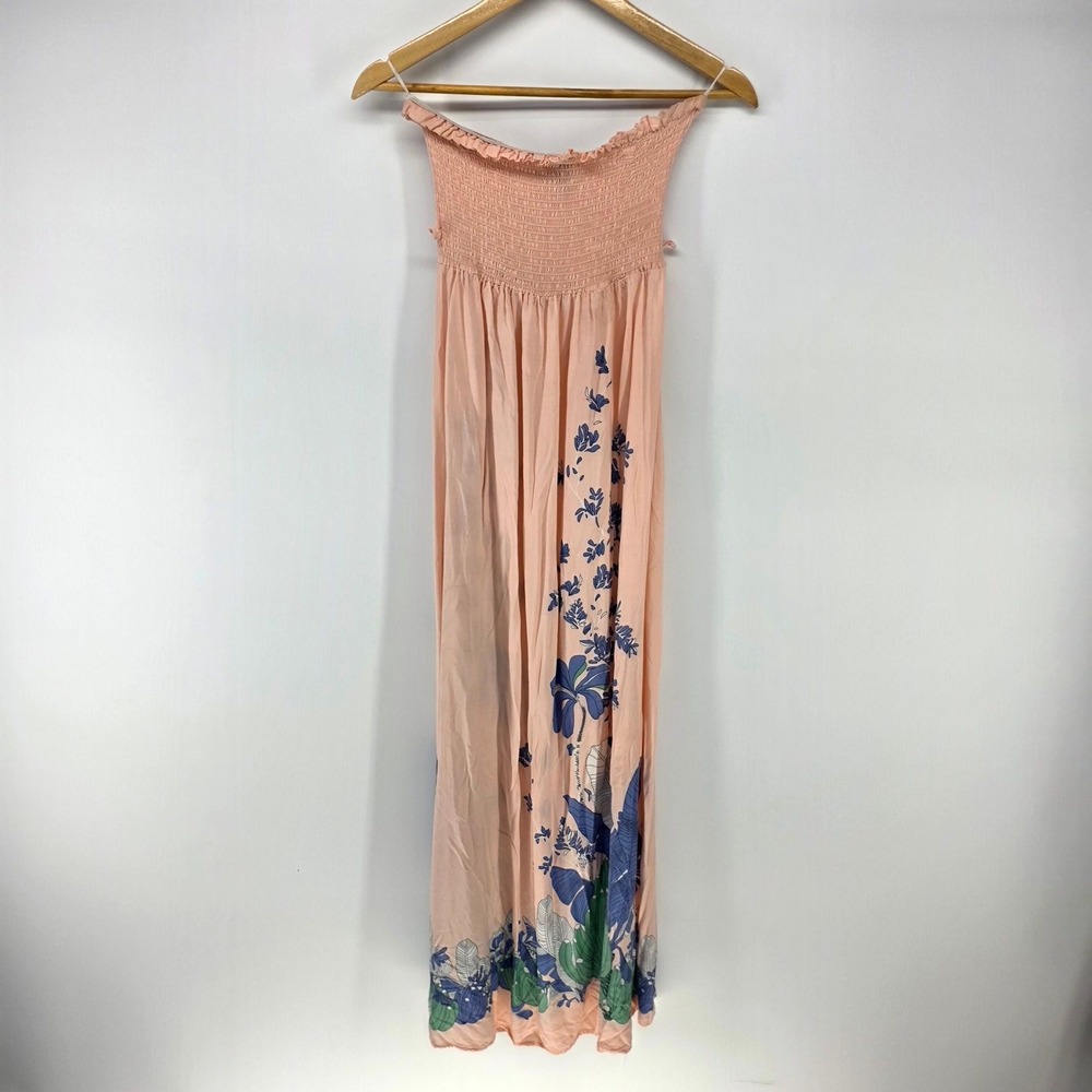 Alualani Maxi Dress Womens Small Pink‎ Tropical Floral Smocked Strapless Viscose